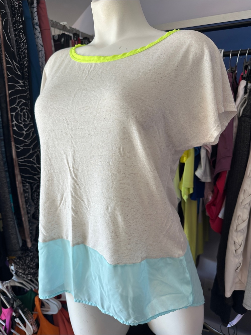 Vintage Havana Ivory Top with Neon Yellow Trim and Light Blue Hem